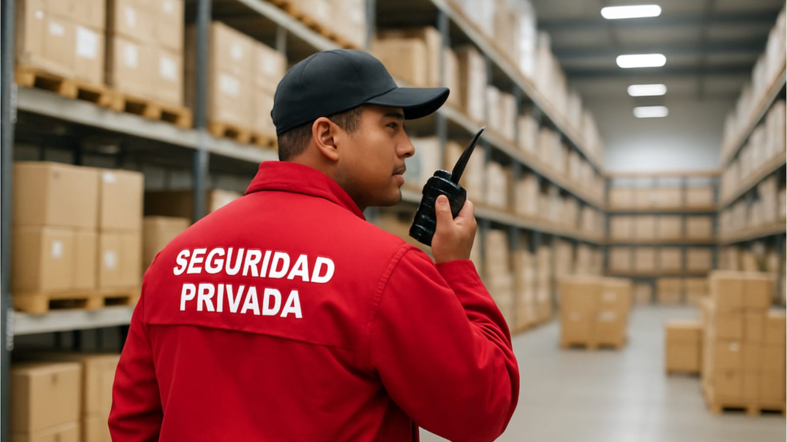 Guardia de seguridad privada con radio en una bodega
